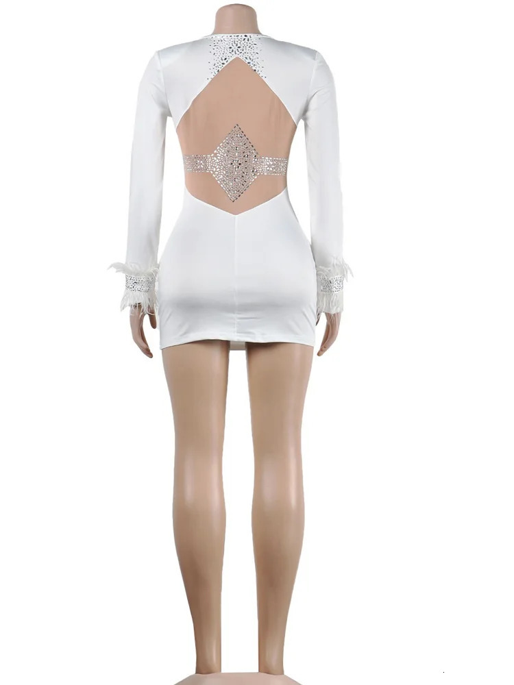 Kricesseen Glam Sheer Mesh embossed feather decoration long sleeved Rhinestone mini dress y party womens birthday 250320