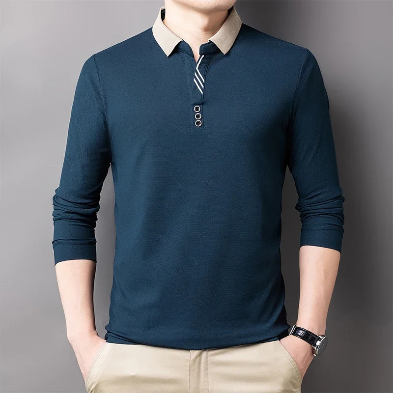 Mens casual striped plain long sleeved polo shirt fashionable solid top 250312
