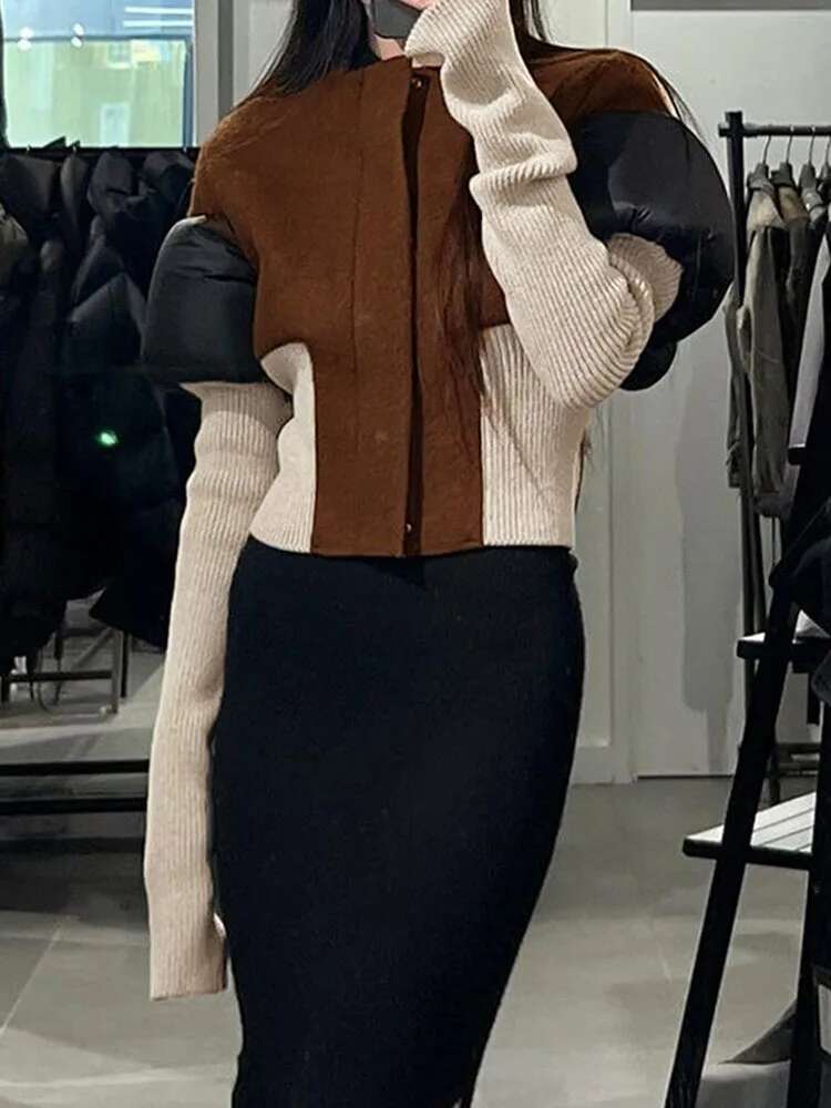 Fashion Women's Color Block Jackets Long Sleeve Zipper Collarless Slim Patchwork Short Coat Spring 2025 New