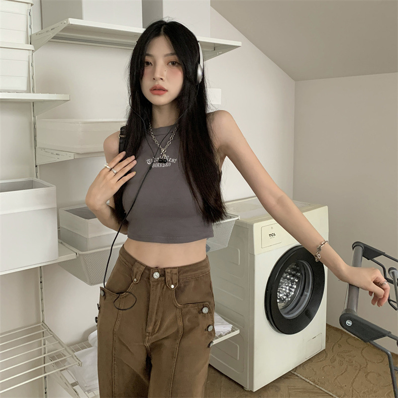 Summer New Women's Wear Pullover Spicy Girl Letter Embroidered Racerback Vest Outwear Slim Fit Sleeveless Short Top Female