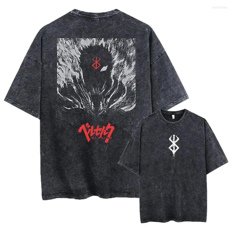 Men's T Shirts Anime Berserk Guts Acid Tshirt Retro Vintage Washed Graphic Tees Men Harajuku Cotton Casual Short Sleeve Tops Unisex