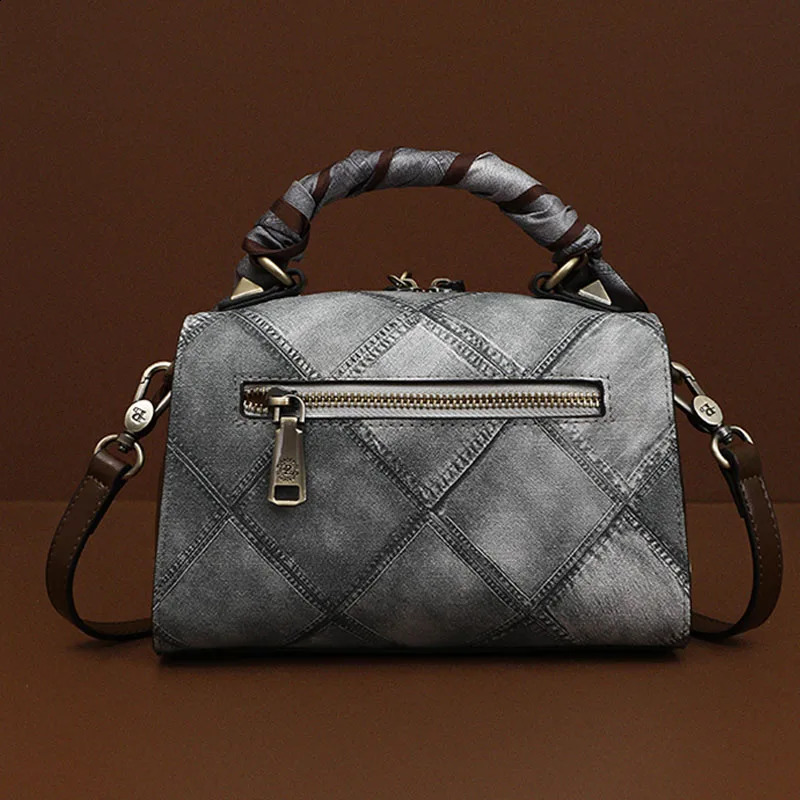 2024 Womens Elegant Grey Genuine Leather Bag Printed Cross Body Boston Handbag Pillow 250317