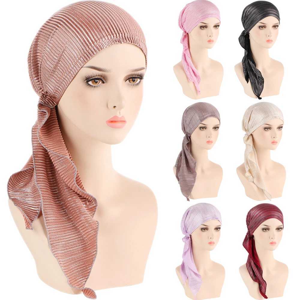 Shining elastic solid color pre tied scarf wrapped in Muslim headscarf for warm inner hat turbo hat drone X250324