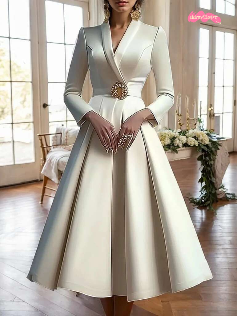 Elegant Wrap V Neck Long Sleeve Dress Pleated A-e Office Lady Party Evening Midi Dresses for Women Spring 2025 ddmySept