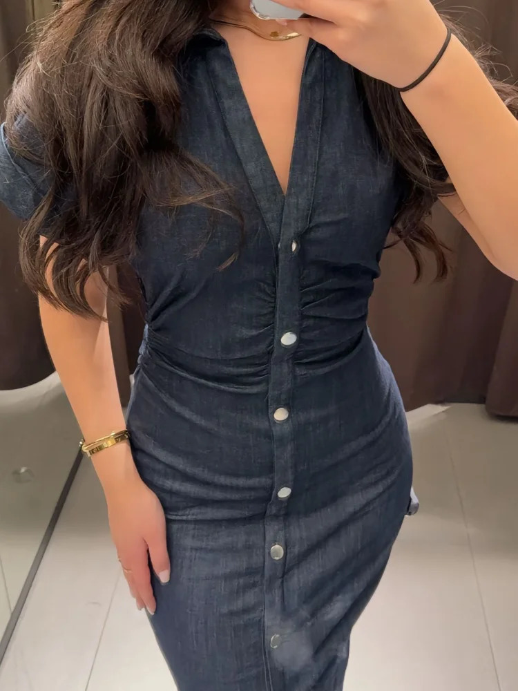 Fashion 2025 Spring Women Solid Denim Slim Long Dress Chic V Neck Single Breasted Short Sleeve Dresses Lady High Street Outfits 250324