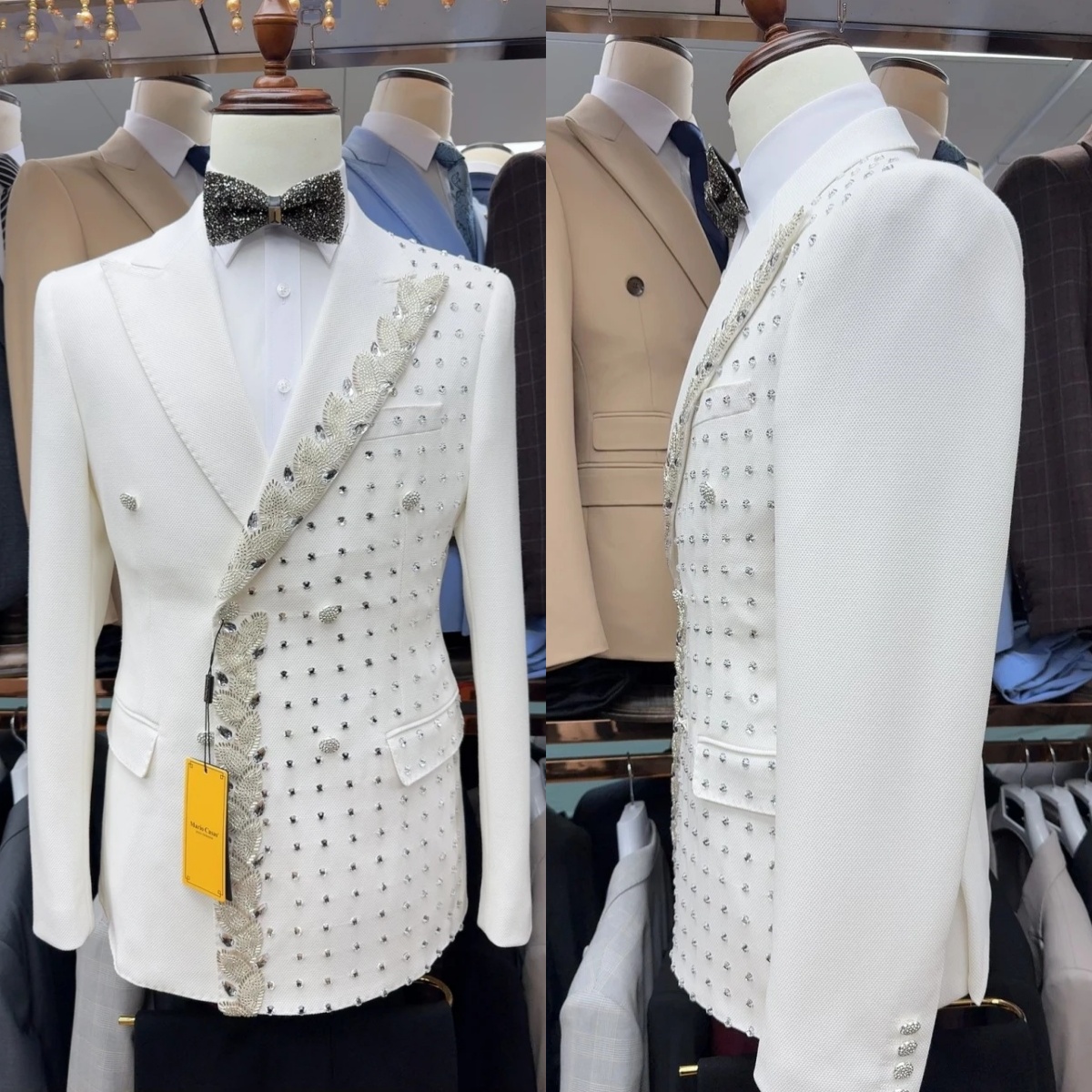 Men Suits Tailor-Made Suit Luxury Tuxedos Wedding 2 Pieces Set Peaked Lapel Beading Rhinestone Groom Blazer Coat+Black Pants Prom Party Formal Occasio