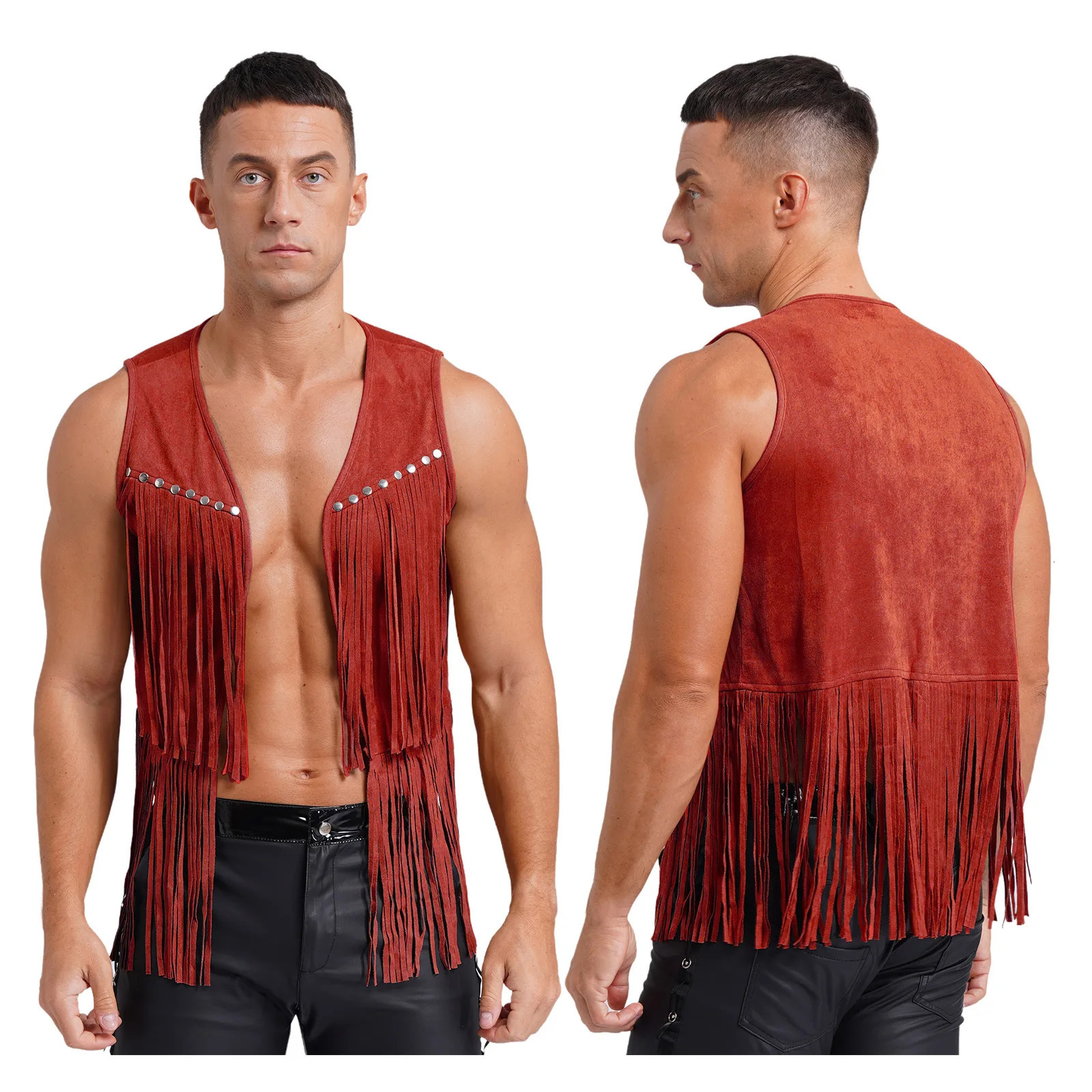 Brown Leather Men Fringe Vest Sleeveless Tassels Vintage Western Cowboy Cardigan Waistcoat Jacket Streetwear Halloween Cosplay 250321