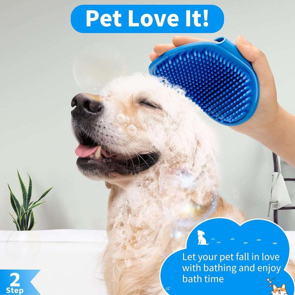 DHpet 3PCS Shampoo Bath Scrubber | Dog Shower/Washing Brush with Adjustable Ring Handle for Short & Long Hair (Blue Blue Blue)