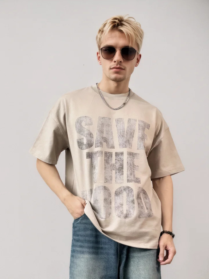 Plus Size 100% Cotton T-shirt Thick Streetwear American Retro y2k er Summer Round Neck Tee Screen Print Mens T-shirt 250324