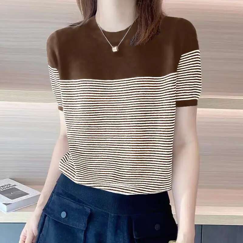 Women Summer T Shirt Vintage Striped Short Sleeve Tee Korean Fashion Round Neck Patchwork Tunics Casual Knitted Tops