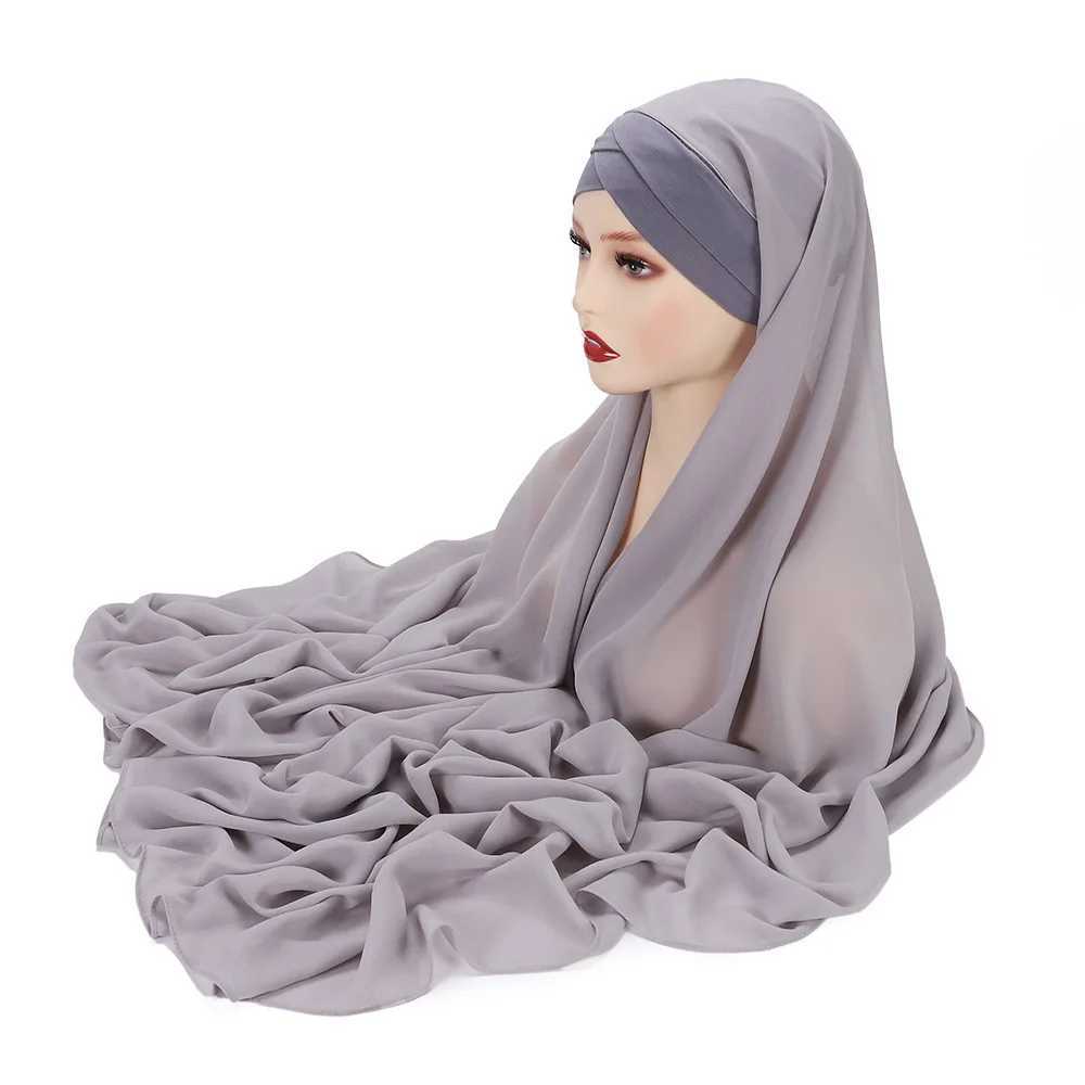 Instant Chiffon Headscarf with Cross Knitted Hat Brand Design Muslim Scarf Islamic Underwear 175X70CM X2503241