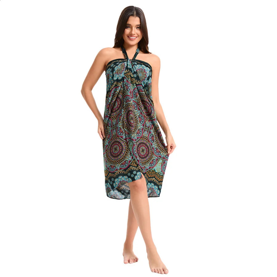 Womens Bohemian Maxi bag long sleeved lace up beach cover dress retro adjustable high waisted holiday synthetic silk 250324