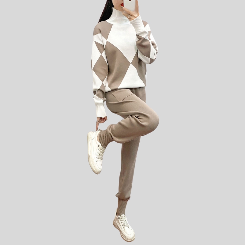 Fashion suit women's spring and autumn new casual knitted plaid sweater two-piece set European goods trend