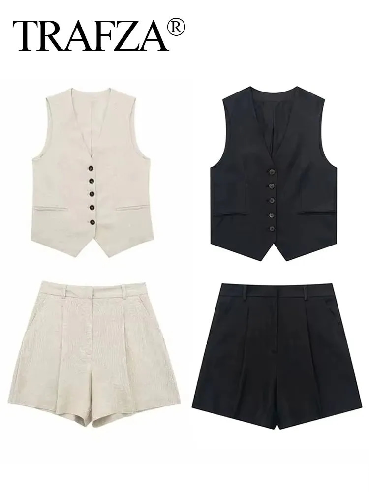 TRAFZA Summer Womens Casual Retro Solid Pants Set Button Waist Coat Tank Top Shorts Cotton Linen Clothing 250322