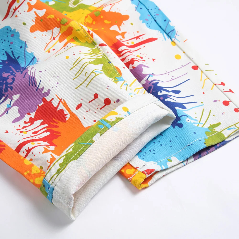 Mens Fancy Color Painted Shorts Summer Y2K Stretch Denim Breeches Digital Print White Jeans 250312