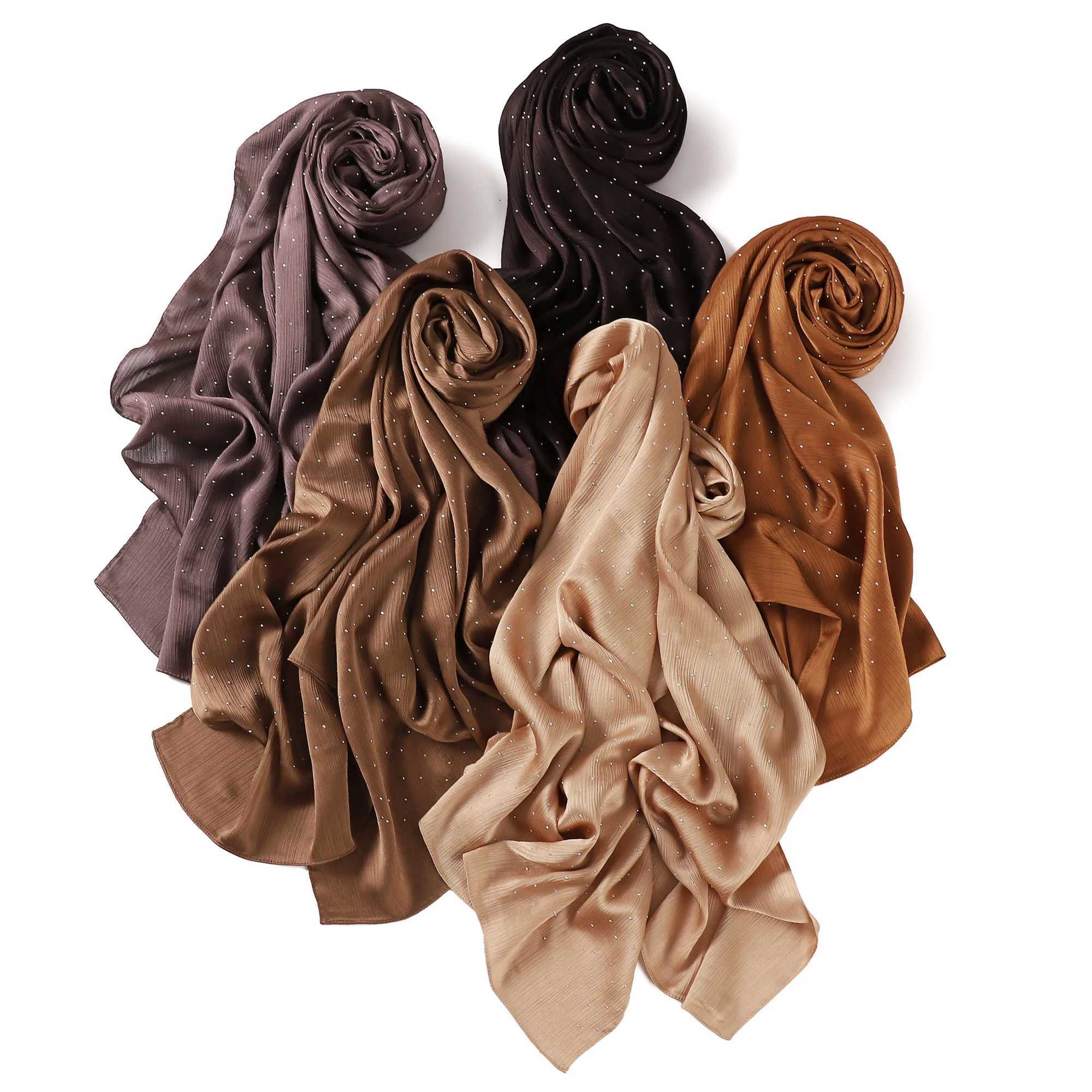 Summer soft wrinkles shiny wrinkles satin long scarves gauze Rhine stone scarves Muslim wrap smooth scarves silk shawls X250324