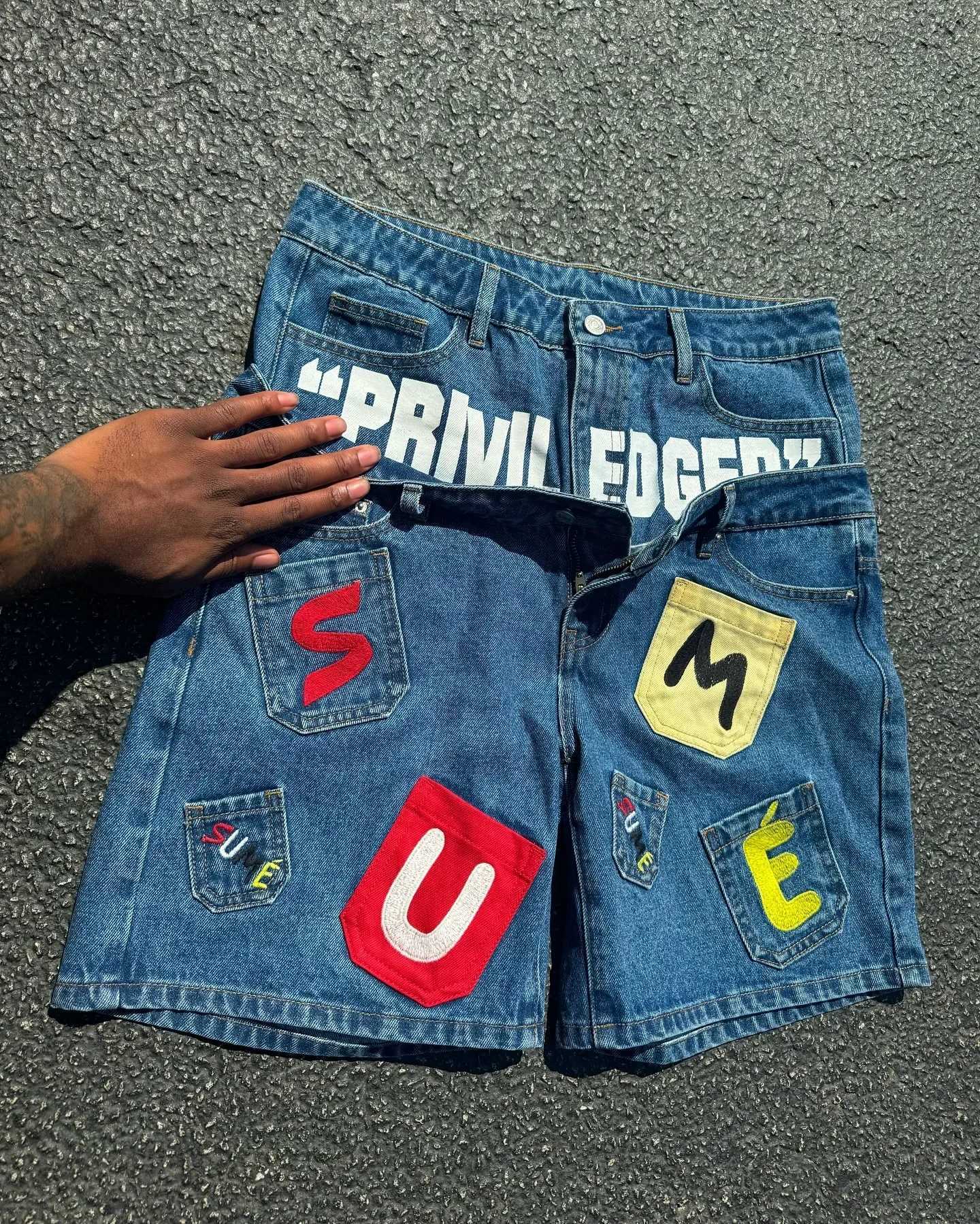 Hip hop letter patch work denim shorts summer Y2k retro personality fashion fake two Gothic rock Jorts couple Y2k jeans X250324