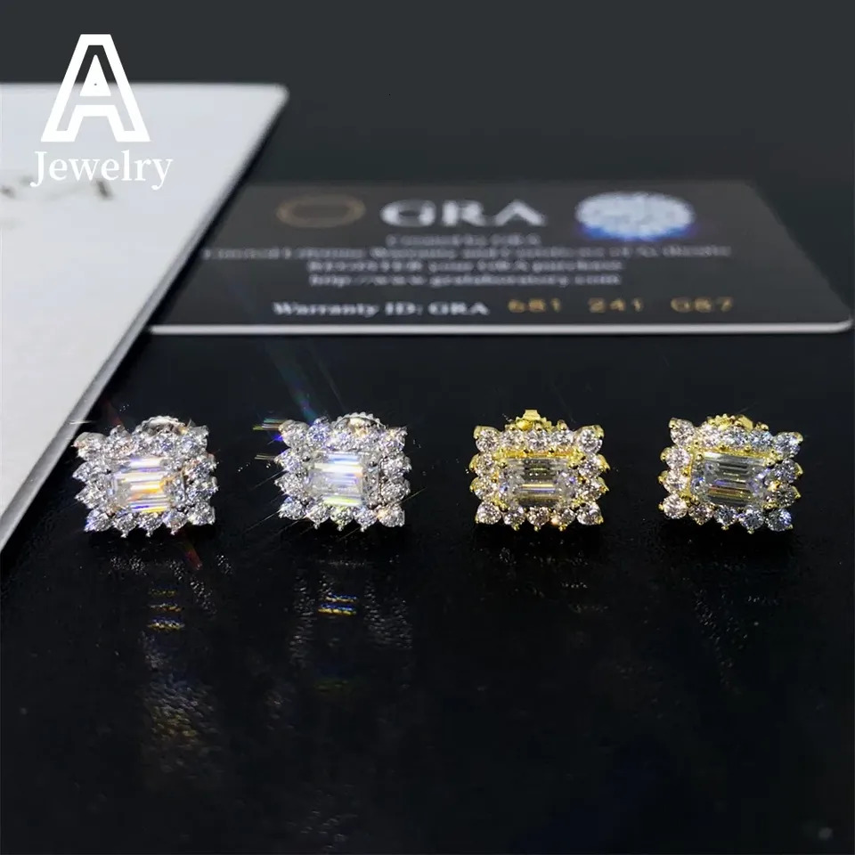 Hip Hop Moissanite Diamond Studs Fashion Silver Jewelry 10*8mm Earrings Baguette cut Lab Diamond Men Women Ear Studs