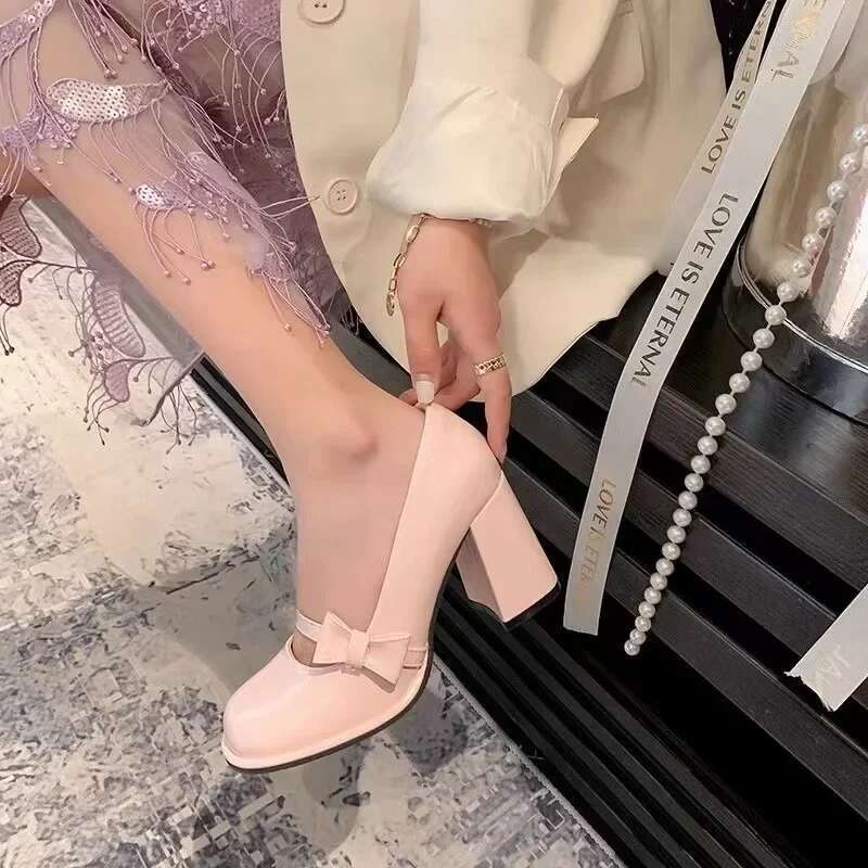 Sheepskin Edition~French Marilyn Women's sandals Spring/Summer Pink Bow Round Toe Single Shoes Thick High Heels