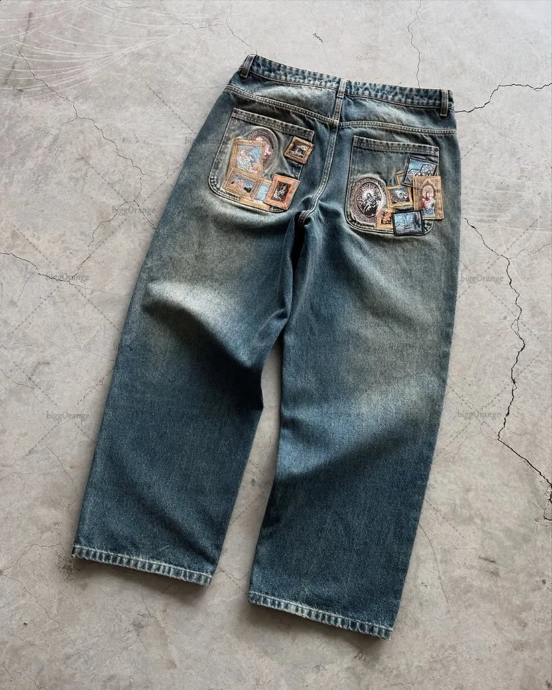 Harajuku Y2K Denim Jeans Men American Retro Badge Cherry Blossom Print Baggy Straight Wideleg Pants Trendy Streetwear Women 250324