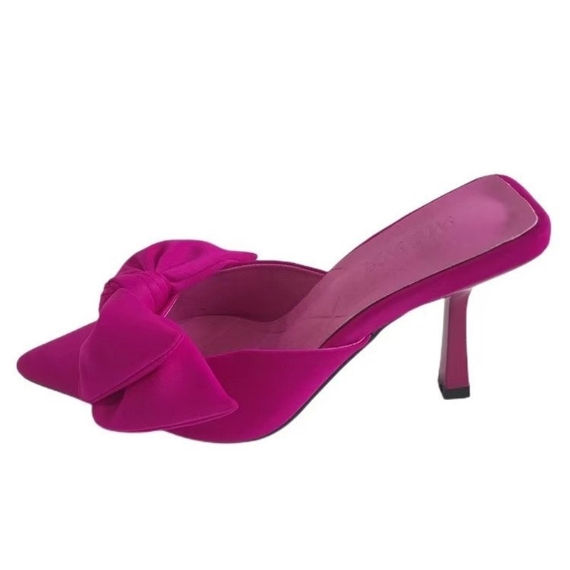 Large Pointed High Heeled Slippers for Womens Summer Fashionable Slim Heel Bow Fabric Sandals Womens Shoes 250322