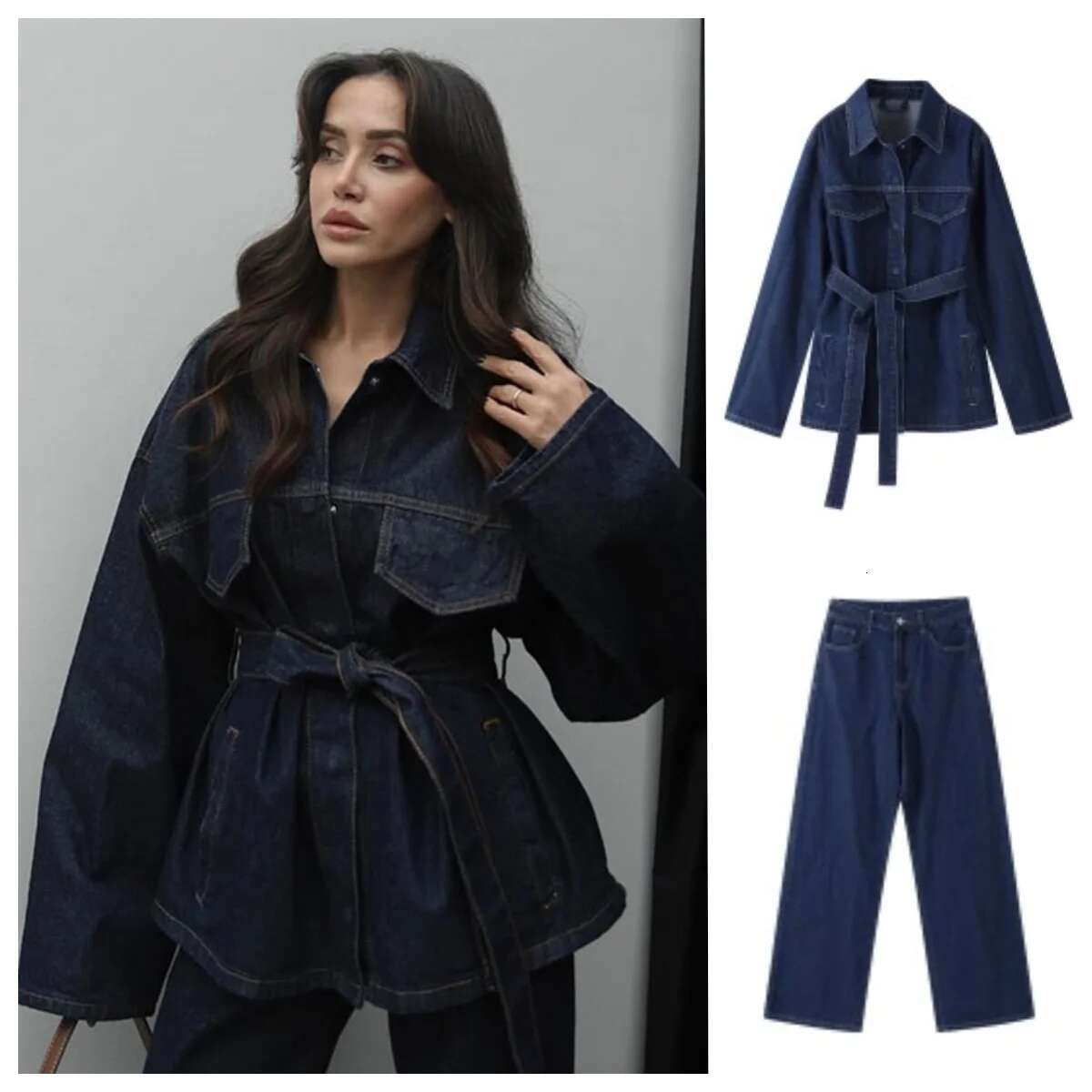 Lapel Belt Women Jacket Pants 2 Piece Sets Slim Packets Denim Coat Straight Wide Leg Jeans Outfits Vintage Elegant Suits