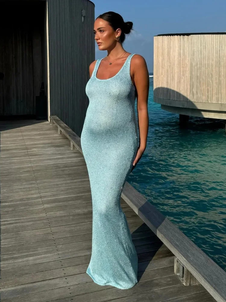 Summer Sequin Slim O Neck Maxi Dress Female Backless Glitter See-through Sexy Solid Shiny Dresses 2025 Womens Long Vestidos 250324