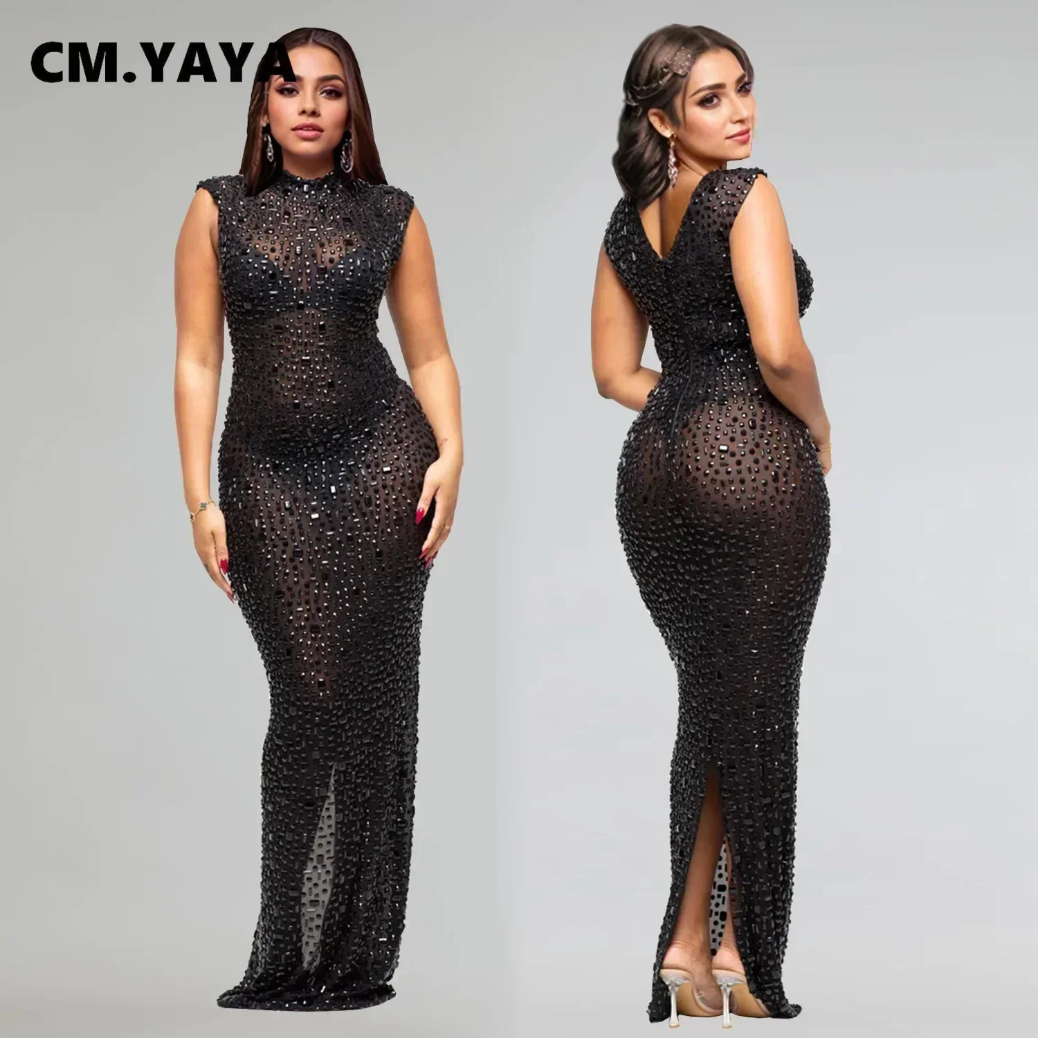 CM.YAYA Fall Diamonds Rhinestones O-neck Women Sleeveless Bodycon Long Dress Birthday Party Evening Prom Maxi Dresses 250322