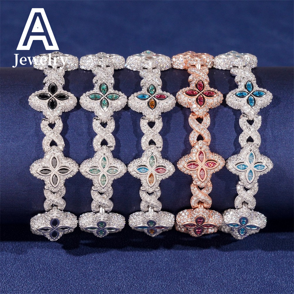 New Arrival Colorful Natural Gemstones Cuban Link Bracelet 15MM Hip Hop Jewelry Silver Marquise Moissanite Cuban Bracelet
