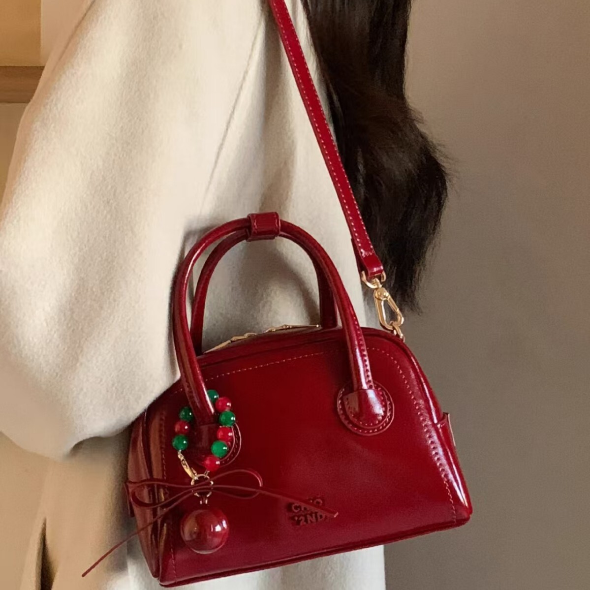High End Leather Series Christmas Bingo Pillow For Women Red Handheld Crossbody Bag