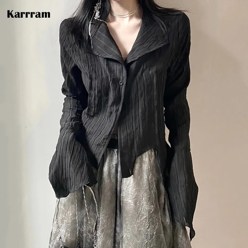 Karrram Gothic Black Shirt Yamamoto Style Dark Aesthetic Shirt Womens Irregular er Clothing Emo Alt Clothing Grunge Top Y2k 250322