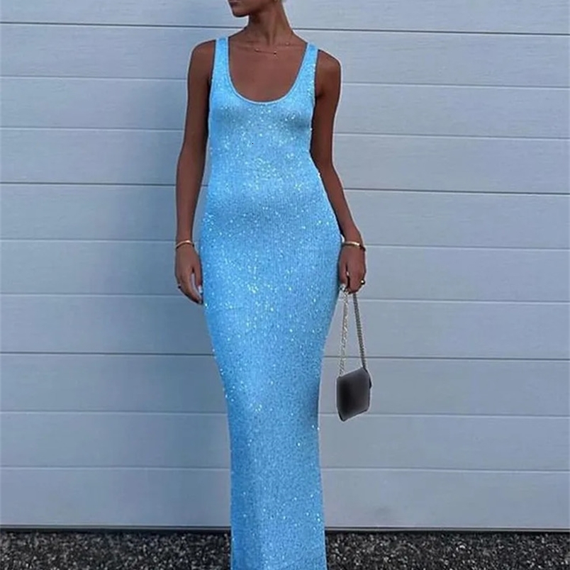 Sexy Deep U Neck Strap Sleeveless High Waist Maxi Dress Woman Fashion Shinny Knitted Bodycon Long Dresses 2025 Lady Evening Gown 250324