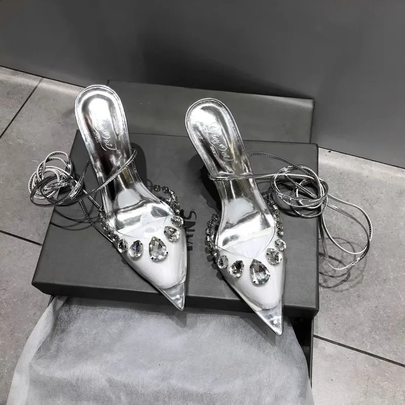 womens Rhinestone decorative lace-up transparent high heels sandals sexy fashion show style elegant shoes 250322