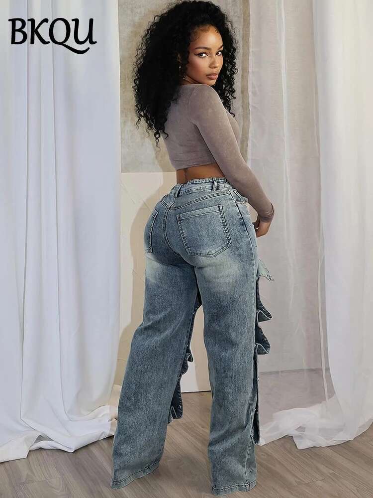 BKQU Fashion Straight Jeans Women's Detachable Button Decoration Denim Wide Leg Pants High Waist Y2k Hipster Streetwear Bottoms