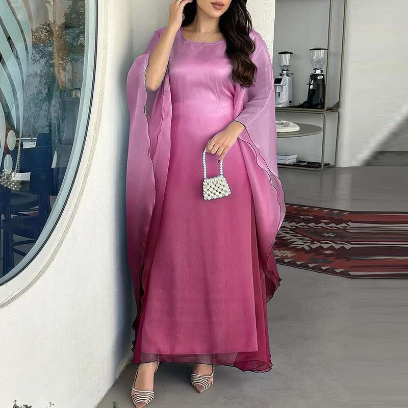 Gradient Printed Loose Women Banquet Elegant O-Neck Batwing Sleeve Long New 2024 Fashion Satin Slim Robe Dress Mujer