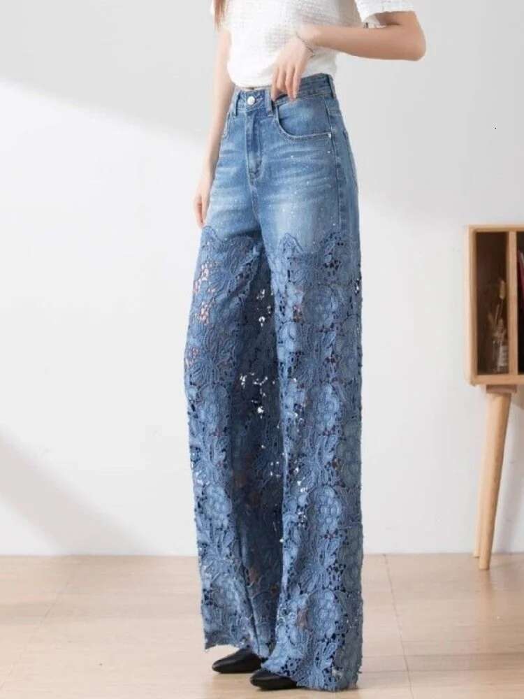 Fashion Women's Jeans 2024 New Spring Summer High-Waist Openwork Lace Ing Denim Wide-Leg Pants Female Straight Trousers