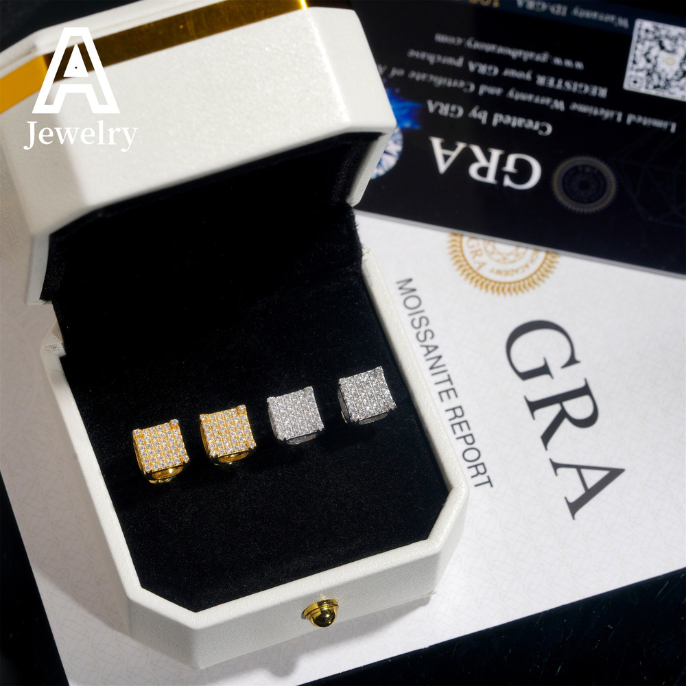 Cheap Price Ear Studs 925 Silver Earrings Hip Hop Men Women Square Shape Moissanite Diamond Earrings With GRA Certificate