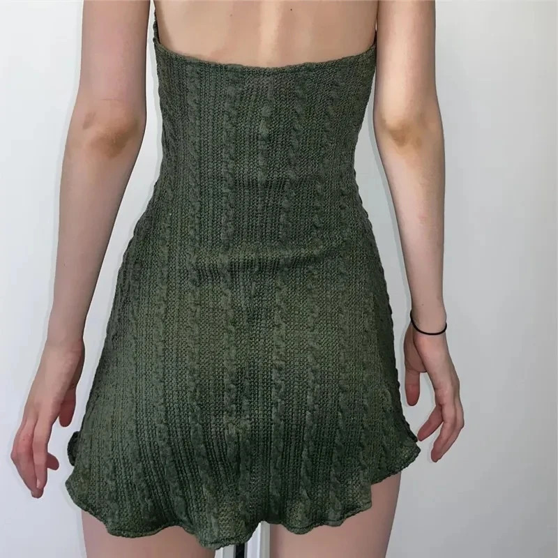 WhereMery Vintage Knitted Halter Short Dress Sexy Bandage Hollow Out Backless Dresses Elegant Sleeveless Texture Party Dresses 250324
