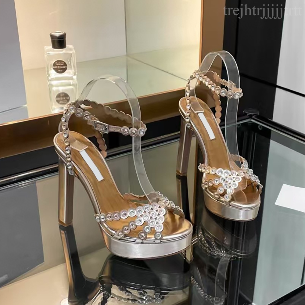 Womens Chunky Heel Waterproof Platform Sandals Genuine Leather Rhinestones Ankle Strap Open Toe Party Evening Shoes Luxury designer high heels