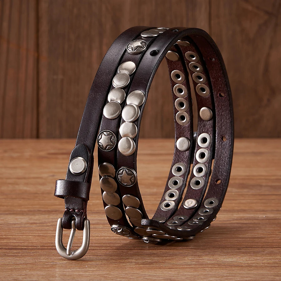 1CM Female Belt Skirt Dress Rivet Belt Real Genuine Leather Punck Decoration Thin Strap Women Belts For Jeans 250318