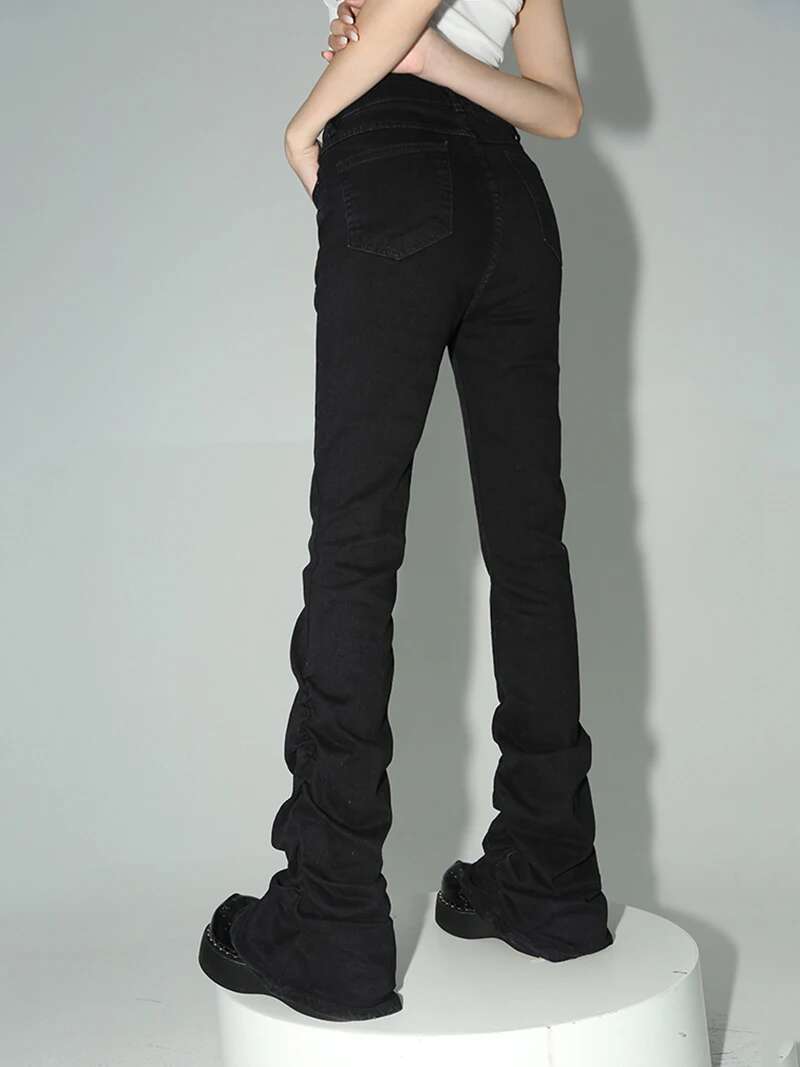 Reddachic Black Ruched Flare Jeans Women Solid Stretch Bootcut Stacked Pants High Rise Trousers Haruku Goth Grunge Y2k Clothes