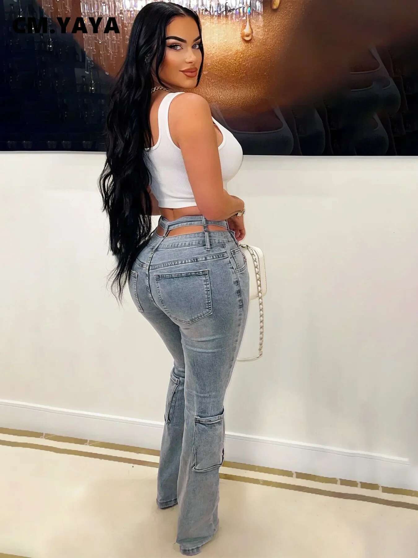 Cm.Yaya Women Streetwear Fashion Pocket Zipper Fly Denim Pants 2024 Washed Pencil Cross Waist Safari Style Cargo Wide Leg Jeans