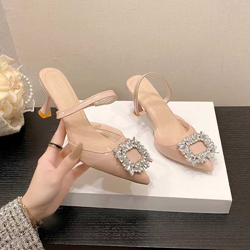 High Heeled Shoes for Women Summer New French Rhinestone Pointed Square Buckle Slim Heels Sexy Outerwear Toe Sandals for Women