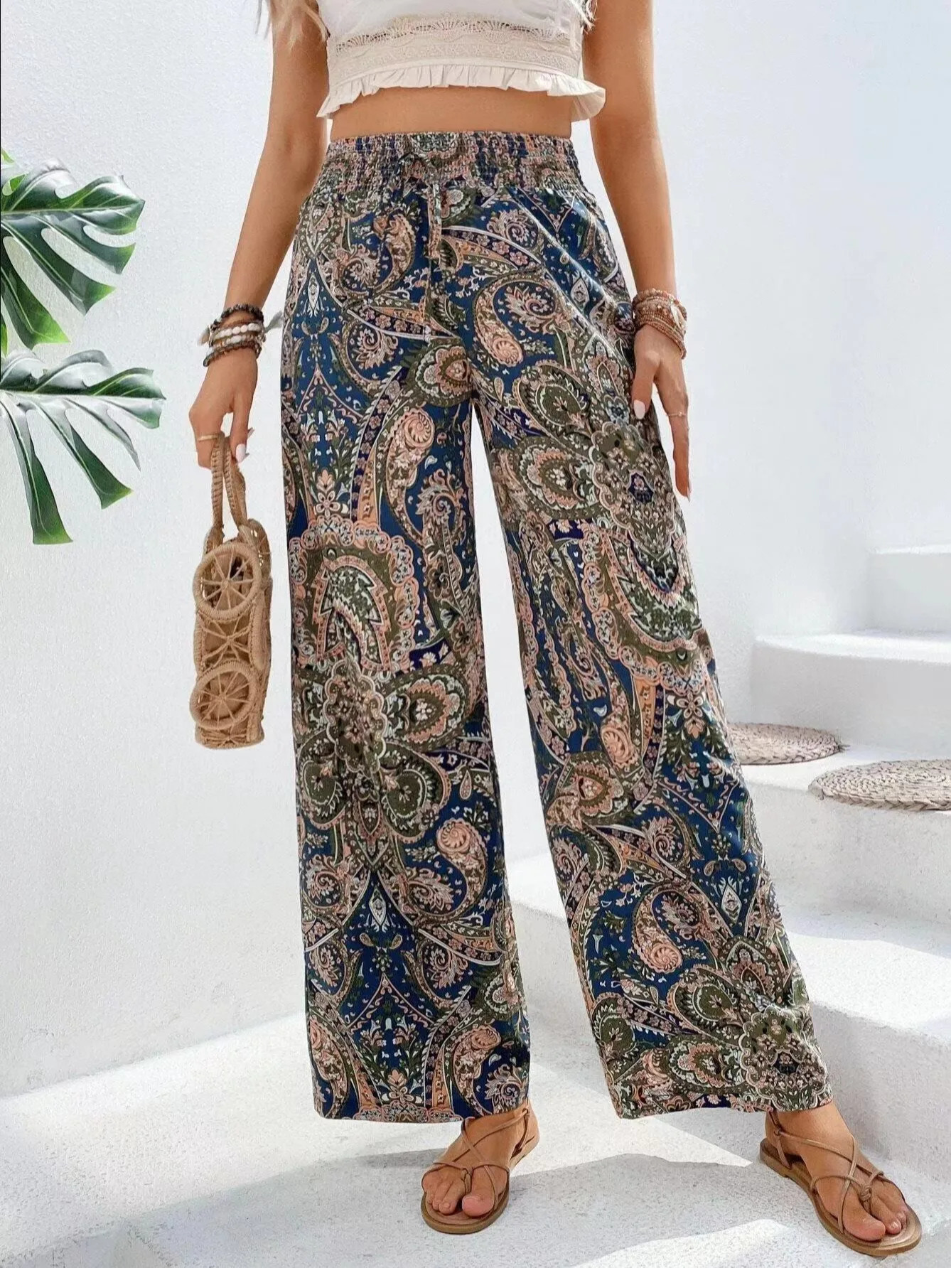 Fashionable retro printed wide leg pants for womens casual high waisted Trouser 2024 springsummer office clothing 250324