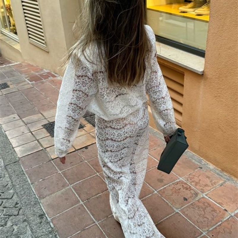 Sibybo Streetwear Lace Pants Sets For Women Sexy Deep V Neck Loose Tops High Waist Wide Leg Pants Two Piece Matching Outfits 250322