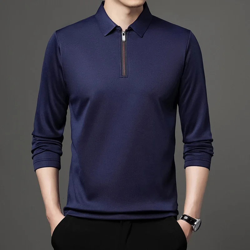 Mens solid color long sleeved polo shirt casual fashion top 250312
