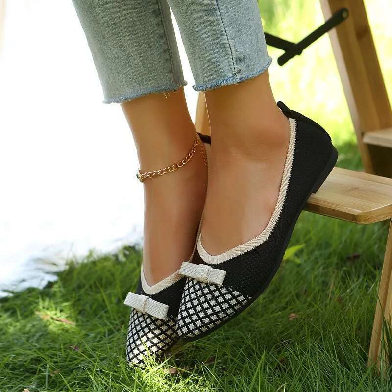 New Woman's Knitted Skateboard Breathable Comfortable Bow Style Walking Shoes Casual Toes on Flat