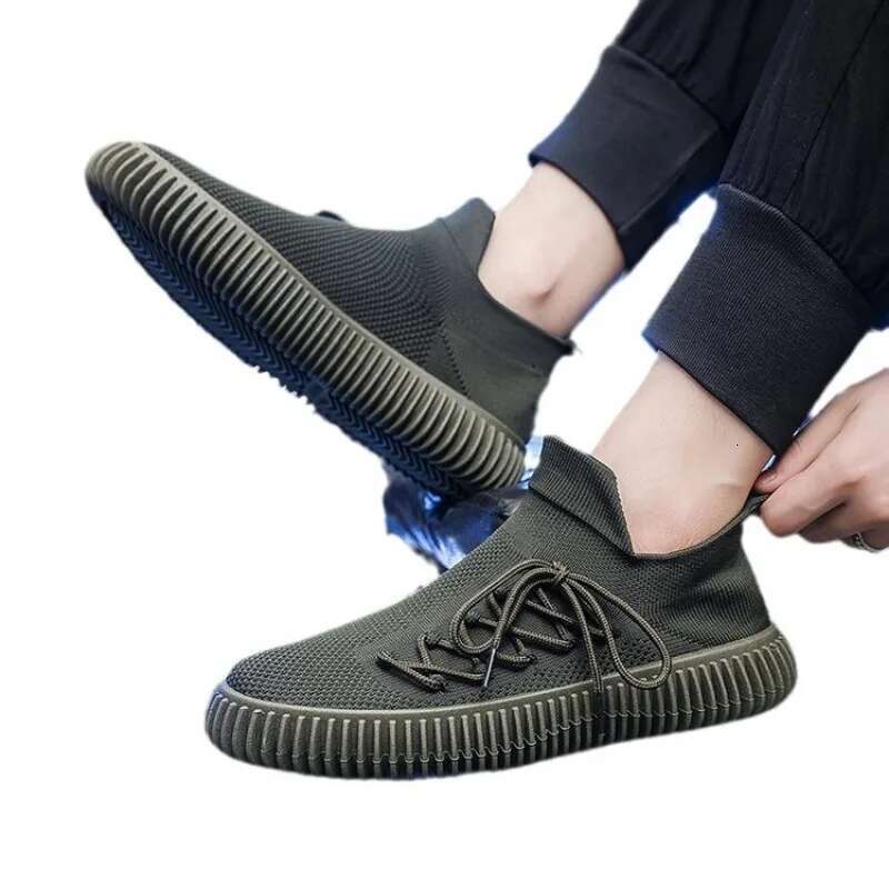 Solid Fashion Knitting Casual Shoes Men Super Light Breathable Stretch Socks Sneakers Slip on Tenis Mascuo Black ato