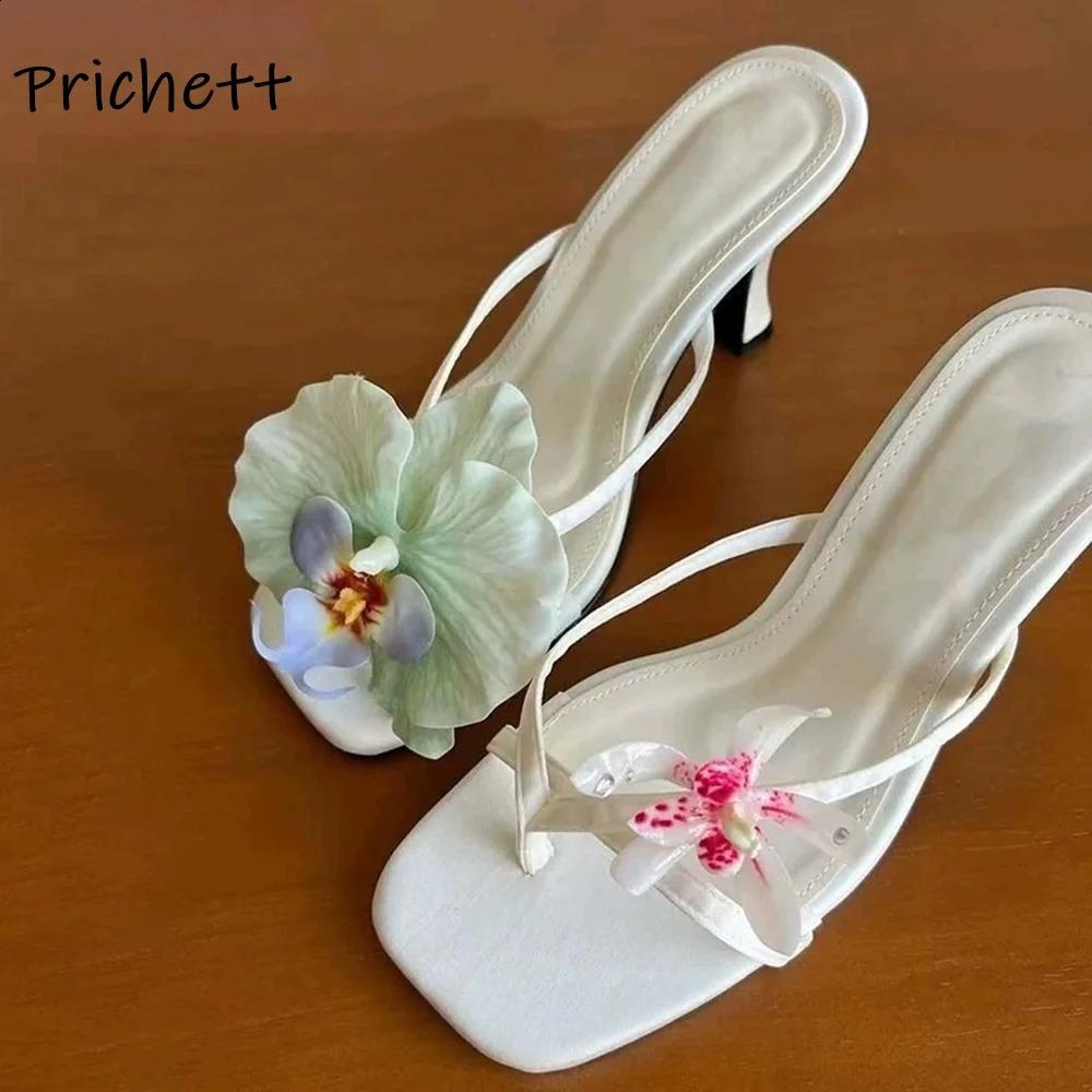 Moth Orchid Flip Flops Slippers Satin Asymmetric Square Toe Slip On Thin Heels Sandals Womens Lovey Elegant Outdoor Dress Shoes 250322