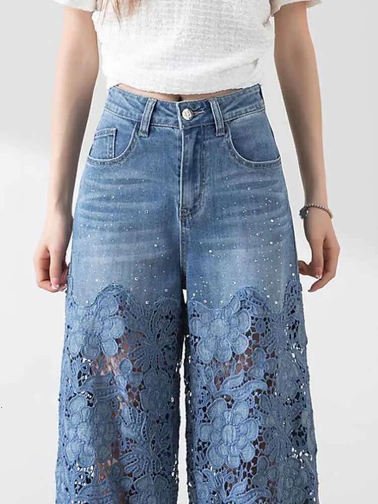 Fashion Women's Jeans 2024 New Spring Summer High-Waist Openwork Lace Ing Denim Wide-Leg Pants Female Straight Trousers